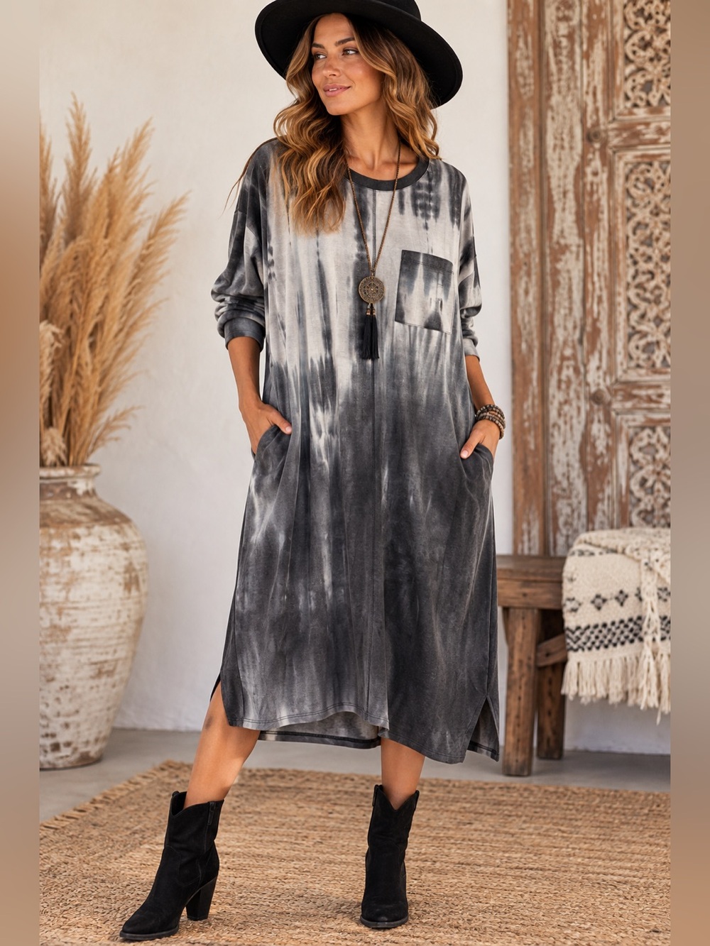 Wonderly Studio Tie Dye Oversized T-Shirt Dress Charcoal Gray Boho XL